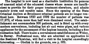 Bethlehem (Bedlam) Hospital, “the oldest charitable institution for the insane in the world.” “Professional men … will find a visit to the hospital exceedingly interesting.” (p. 381)