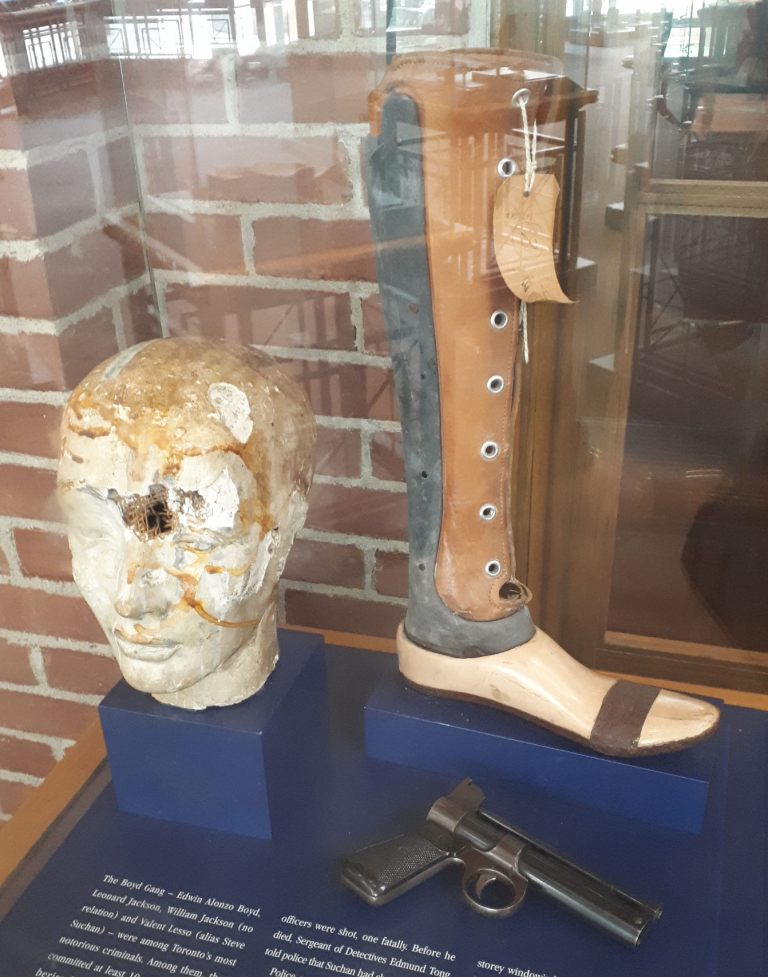 The Boyd Gang's gun, uh, mannequin head, and artificial leg, on display at the Toronto Police Museum and Discovery Centre.