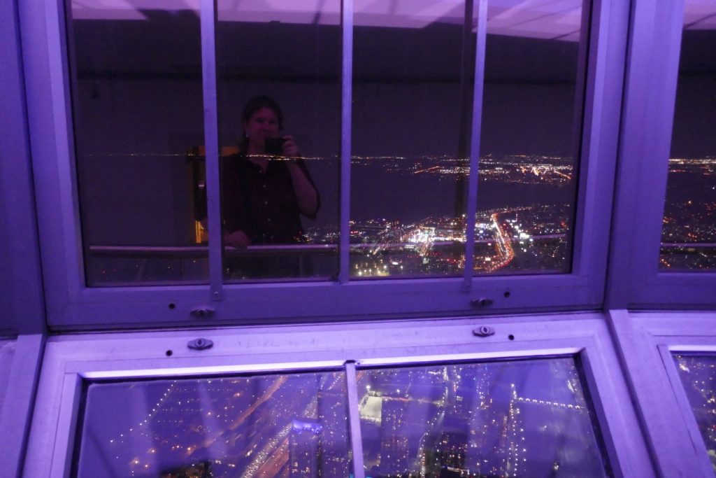 A selfie from the SkyPod level of Toronto's CN Tower, looking west along the Gardiner Expressway toward the bright lights of the Canadian National Exhibition, and the darkness of Humber Bay on Lake Ontario