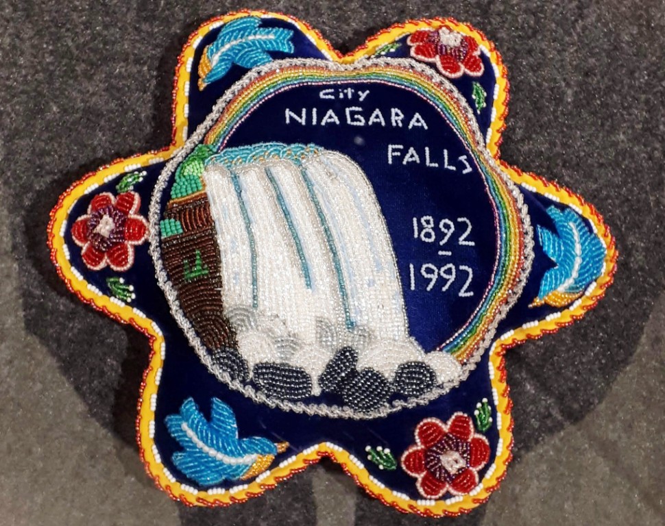 Beaded velvet pincushion with image of Niagara Falls by Marlene Printup (Cayuga/Bear clan), 1992