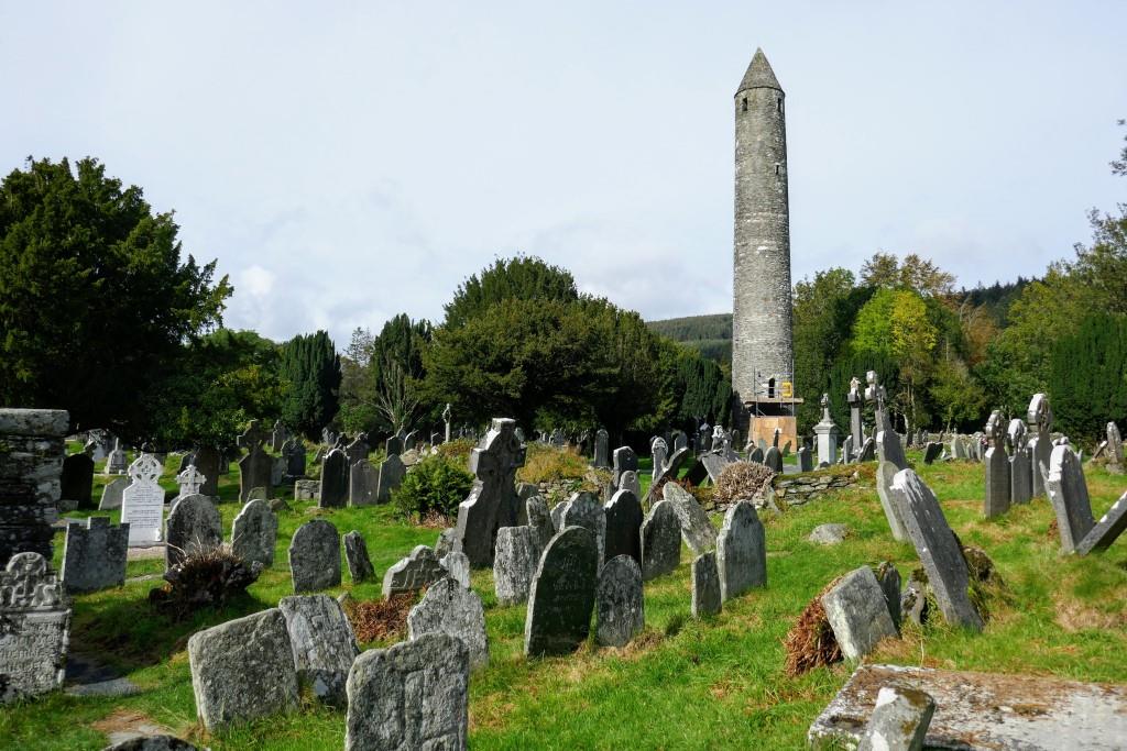 The thousand-year-old Round Tower is the most prominent feature at Glendalough: a landmark, bell tower, look out, and refuge.