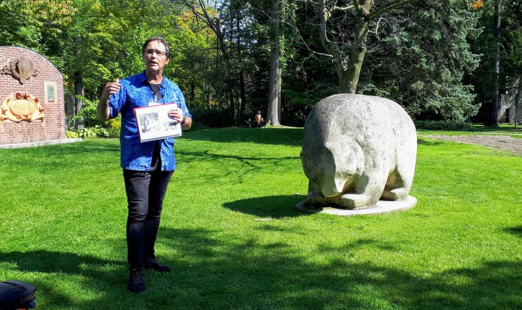John Mason, our guide and President of Friends of Guild Park & Gardens, presenting on The Bear by Michael Clay, carved onsite in 1979.