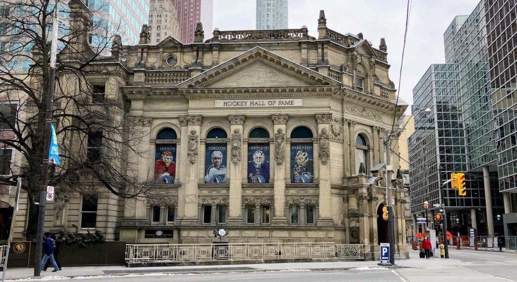 South-facing façade of the Hockey Hall of Fame on Front Street in Toronto. Venture inside to see the Stanley Cup and the beautiful 1885 stained glass ceiling.