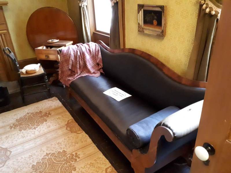 Horse hair couch, in the front parlour of the Gibson House Museum ("Please do not sit on me. I am fragile!")