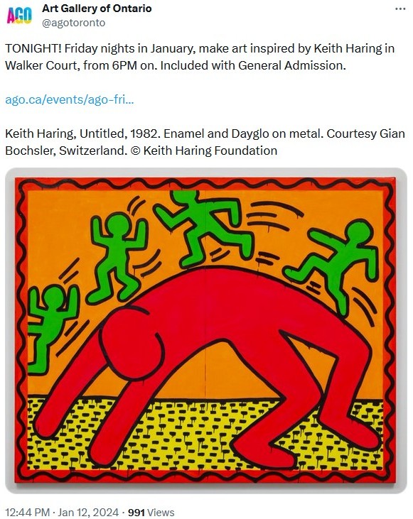 One of Keith Haring's best known images, on display at the AGO, featuring his radiant figures. (Art Gallery of Ontario tweet)