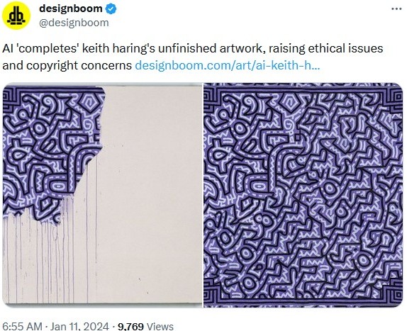Designboom tweet saying, "AI 'completes' keith haring's unfinished artwork, raising ethical issues and copyright concerns"