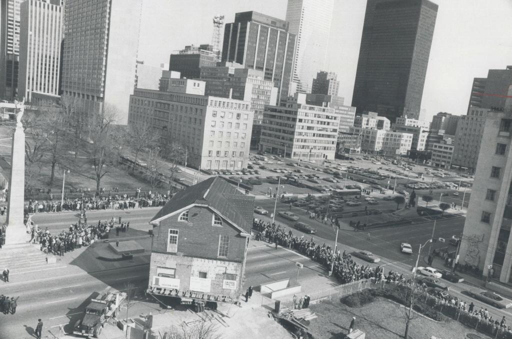 Moving Campbell House on March 1, 1972, on giant dollies, into its new location on University Avenue