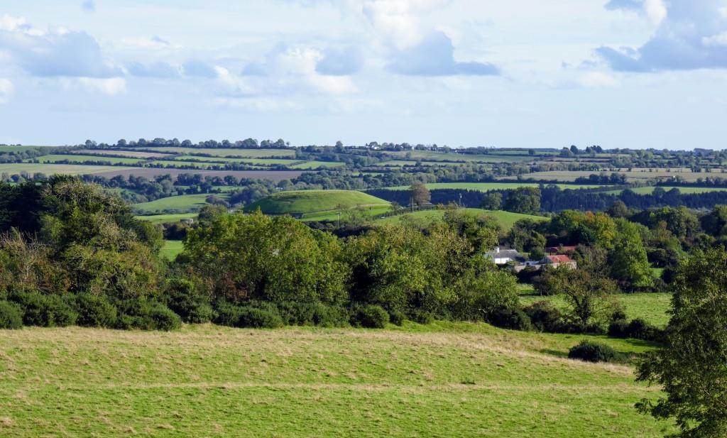 The view of the Boyne Valley from the top of Knowth. You can see Newgrange in the distance.