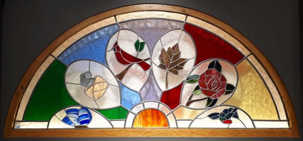 Stained glass window from the former Kleinburg United Church, on display at the Pierre Berton Heritage Centre