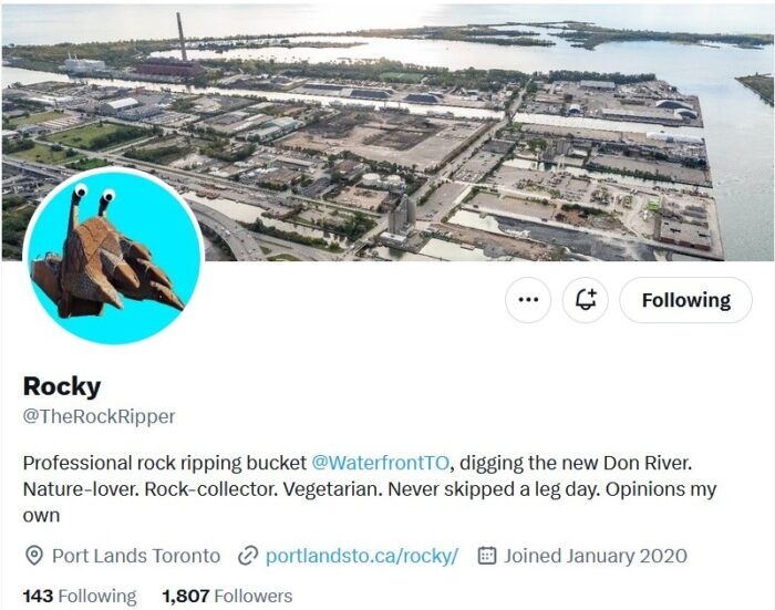 Rocky the Rock Ripper, a PR win for Waterfront Toronto (Screenshot of Twitter account)