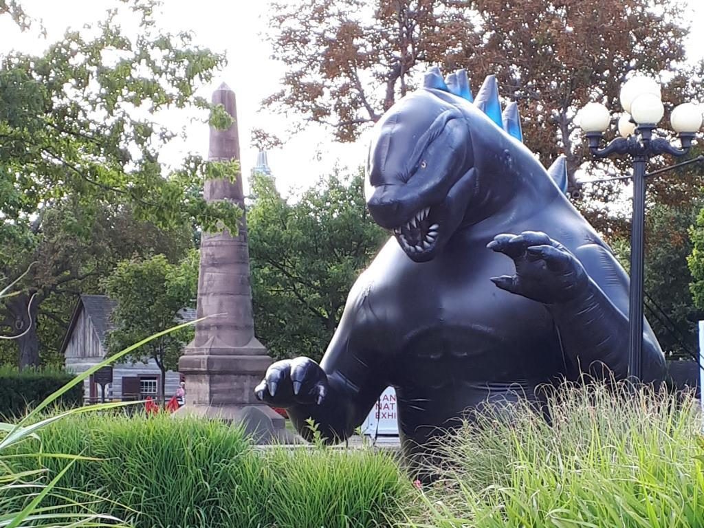Where, oh where, is the Scadding Cabin on the CNE grounds? Through the Rose Garden and behind the Fort Rouillé Monument and, er, past the giant inflatable Godzilla.