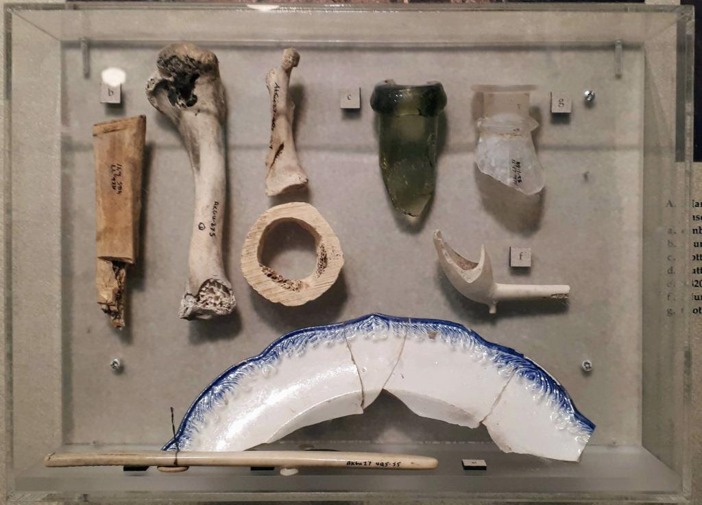Some items found in the basement sub-floor rubble at Spadina Museum: embossed edged ware fragment, faunal bones, bottle fragments, pipe, and toothbrush.