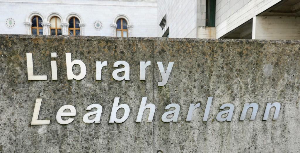 Library in Irish! At Trinity College, Dublin.